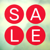 赤い丸の窓の上に販売標識の白い文字を貼る ウィンドウサイン (シート3)