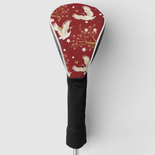 赤い丹頂鶴の桜柄 (1) ゴルフヘッドカバー (正面)