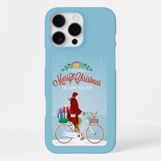 赤い乗り自転車メリークリスマスフォンの女性 iPhoneケース (裏面)