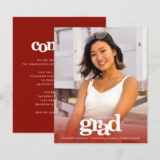 赤い予算の卒業写真のはっきりした招待モダン (正面/裏面)