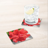 赤い二重ハイビスカスフラワー スクエアペーパーコースター (インサイチュ)