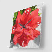 赤い二重ハイビスカスフラワー スクエア壁時計 (傾斜)