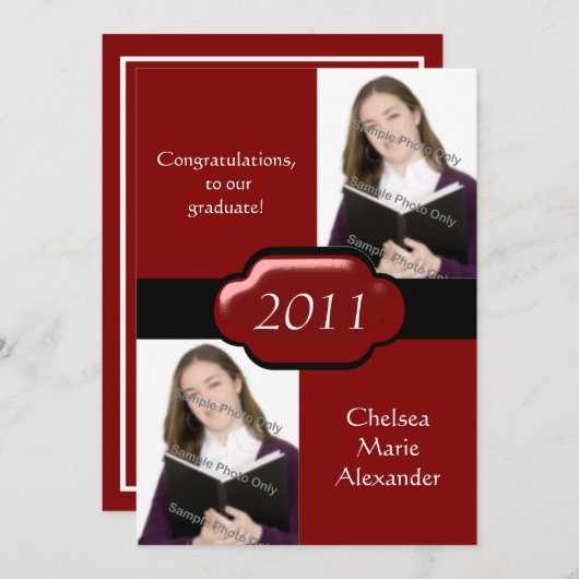 赤い二重写真の卒業のパーティの招待状 招待状 (正面/裏面)