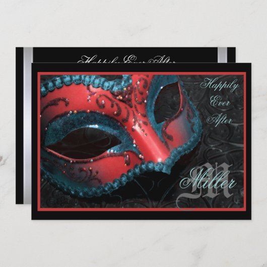 赤い仮面舞踏会のルネサンスの結婚式招待状 招待状 (正面/裏面)