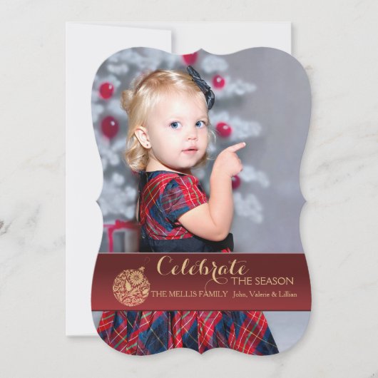 赤い休日のオーナメントの写真の休日カード 招待状 (正面)