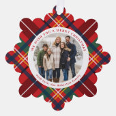 赤い休日のプレイドシンプル2写真メリークリスマス オーナメントカード (正面)