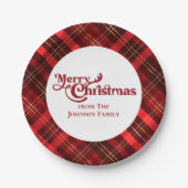 赤い伝統的タータンチェックメリークリスマスパーティー ペーパープレート (正面)