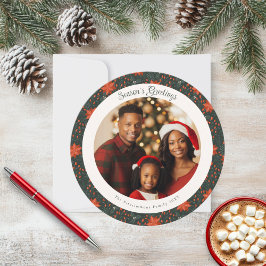 赤い伝統的ポインセチアのクリスマスフォトカード カード