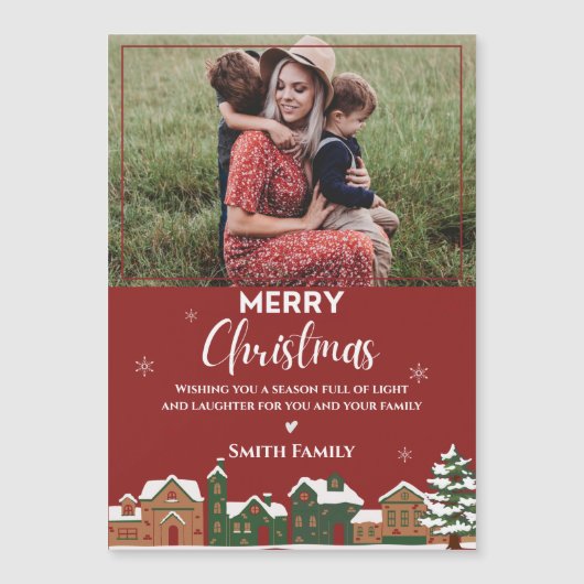赤い伝統的家族の写真クリスマスグリーティング (正面)
