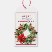 赤い伝統的弓クリスマス付き緑のリース ギフトタグ (正面)