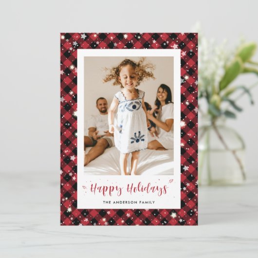 赤い伝統的格子模様の写真ハッピーホリデイズカード シーズンカード (スタンド正面)
