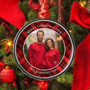 赤い伝統的格子状タータンチェック写真クリスマス メタルオーナメント