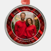 赤い伝統的格子状タータンチェック写真クリスマス メタルオーナメント (正面)