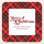 赤い伝統的格子縞のクリスマスパーティー スクエアペーパーコースター (正面)