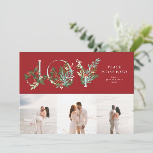 赤い伝統的葉の植物性JOYコラージュ写真 シーズンカード (スタンド正面)