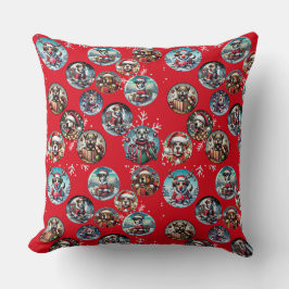 赤い例証スノーフレークと犬サンタの贈り物 クッション