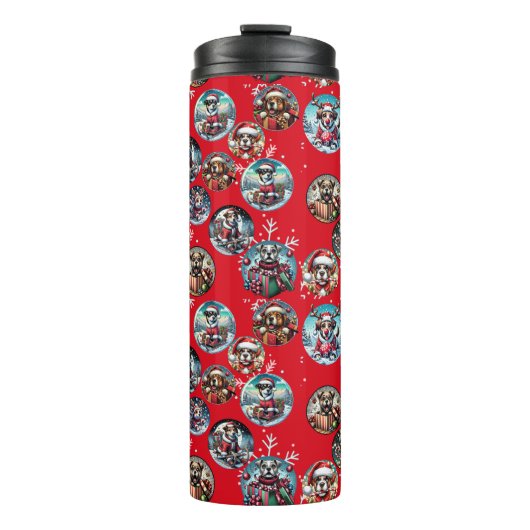 赤い例証スノーフレークと犬サンタの贈り物 タンブラー (正面)