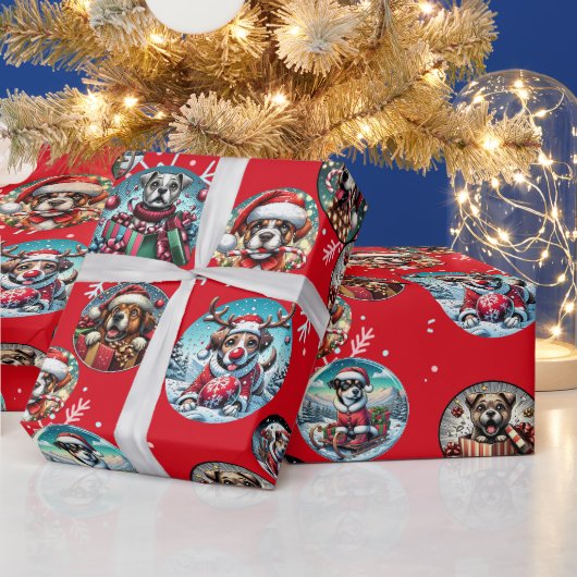 赤い例証スノーフレークと犬サンタの贈り物 ラッピングペーパー (クリスマス)