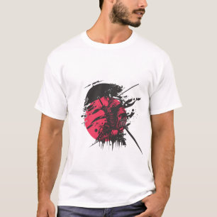 赤い侍戦士の墨絵アートTシャツ   日本のカート Tシャツ
