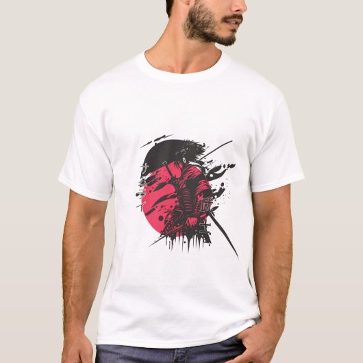 赤い侍戦士の墨絵アートTシャツ | 日本のカート Tシャツ (正面)