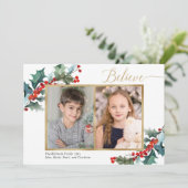 赤い信じホリーの果実と金ゴールド2枚のフォトカード (スタンド正面)