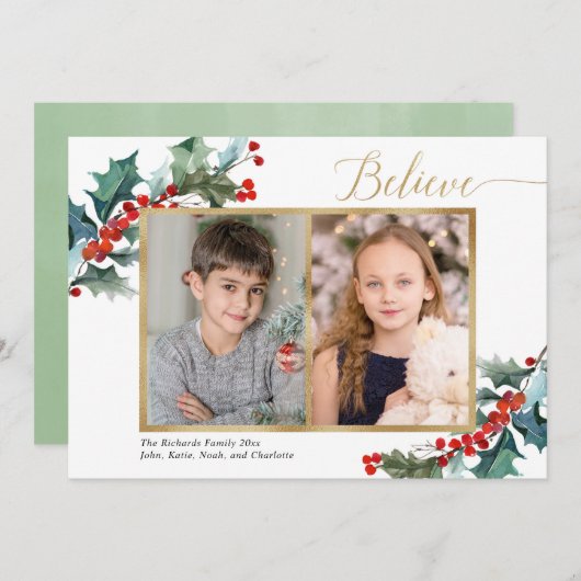 赤い信じホリーの果実と金ゴールド2枚のフォトカード (正面/裏面)