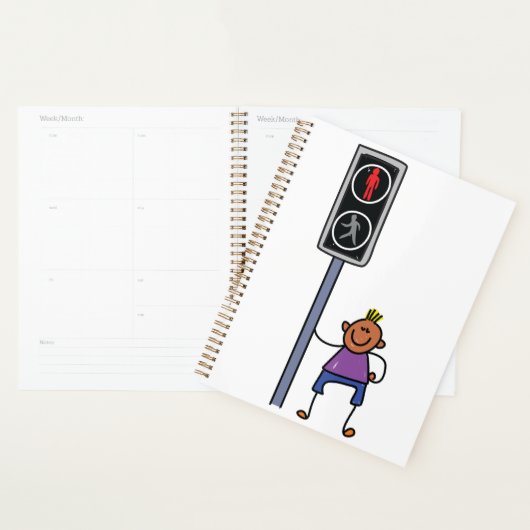 赤い信号を持つ歩行者の交ストップ渉の少年 プランナー手帳 (ディスプレー)