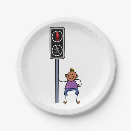 赤い信号を持つ歩行者の交ストップ渉の少年 ペーパープレート (正面)