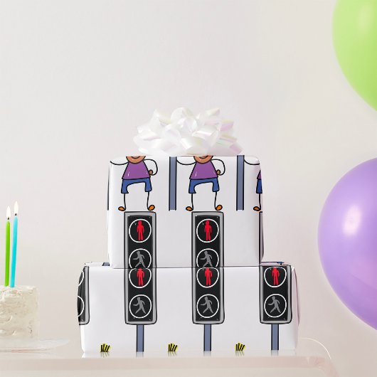 赤い信号を持つ歩行者の交ストップ渉の少年 ラッピングペーパー