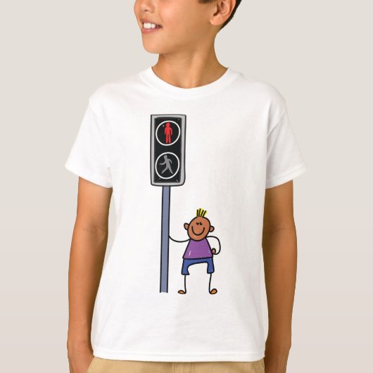 赤い信号を持つ歩行者の交ストップ渉の少年 Tシャツ (正面)