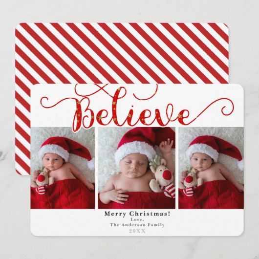 赤い信念 クリスマス ホリデー 3枚の写真 招待状 (正面/裏面)