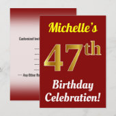 赤い偽の金の第47回誕生日お祝い + 名前 招待状 (正面/裏面)