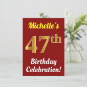 赤い偽の金の第47回誕生日お祝い + 名前 招待状 (スタンド正面)