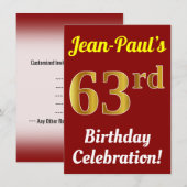 赤い偽の金の６３回目の誕生日お祝い＋名前 招待状 (正面/裏面)