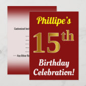 赤い偽の金の15歳の誕生日お祝い + 名前 招待状 (正面/裏面)