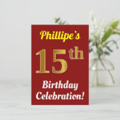 赤い偽の金の15歳の誕生日お祝い + 名前 招待状 (スタンド正面)
