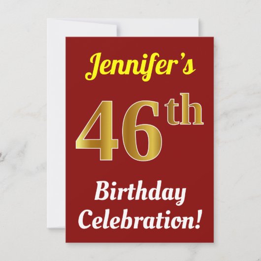 赤い偽の金の46歳の誕生日お祝い + 名前 招待状 (正面)