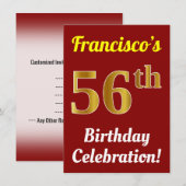 赤い偽の金の56歳の誕生日おめでとう + 名前 招待状 (正面/裏面)