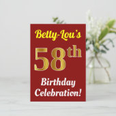 赤い偽の金の58歳の誕生日おめでとう + 名前 招待状 (スタンド正面)