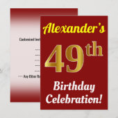 赤い偽の金を使った４９歳の誕生日お祝い会 + 名前 招待状 (正面/裏面)