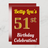 赤い偽の金色の51歳の誕生日お祝い + 名前 招待状 (正面/裏面)
