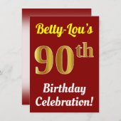 赤い偽の金色の90歳の誕生日おめでとう + 名前 招待状 (正面/裏面)