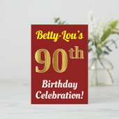 赤い偽の金色の90歳の誕生日おめでとう + 名前 招待状 (スタンド正面)