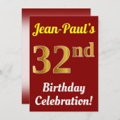 赤い偽の金 32歳の誕生日おめでとう + 名前 招待状 (正面/裏面)