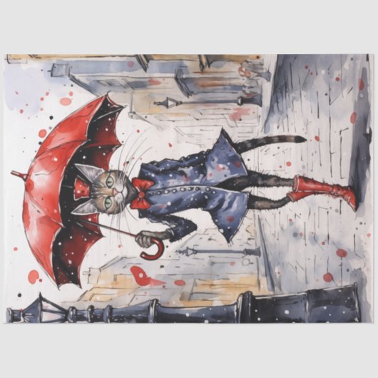 赤い傘で雨の中を歩くデカップネコ 薄葉紙 (正面)