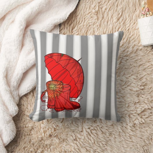 赤い傘とストライプ雨のブーツを持つ灰色の白い クッション (ブランケット)