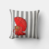 赤い傘とストライプ雨のブーツを持つ灰色の白い クッション (正面)