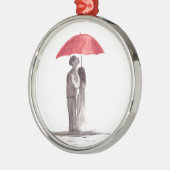 赤い傘のカップル メタルオーナメント (左)