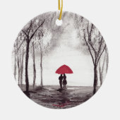 赤い傘のラブカップル セラミックオーナメント (正面)