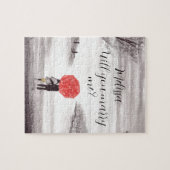 赤い傘の愛のカップル ウェディングエンゲージメント かわいい ジグソーパズル (横)